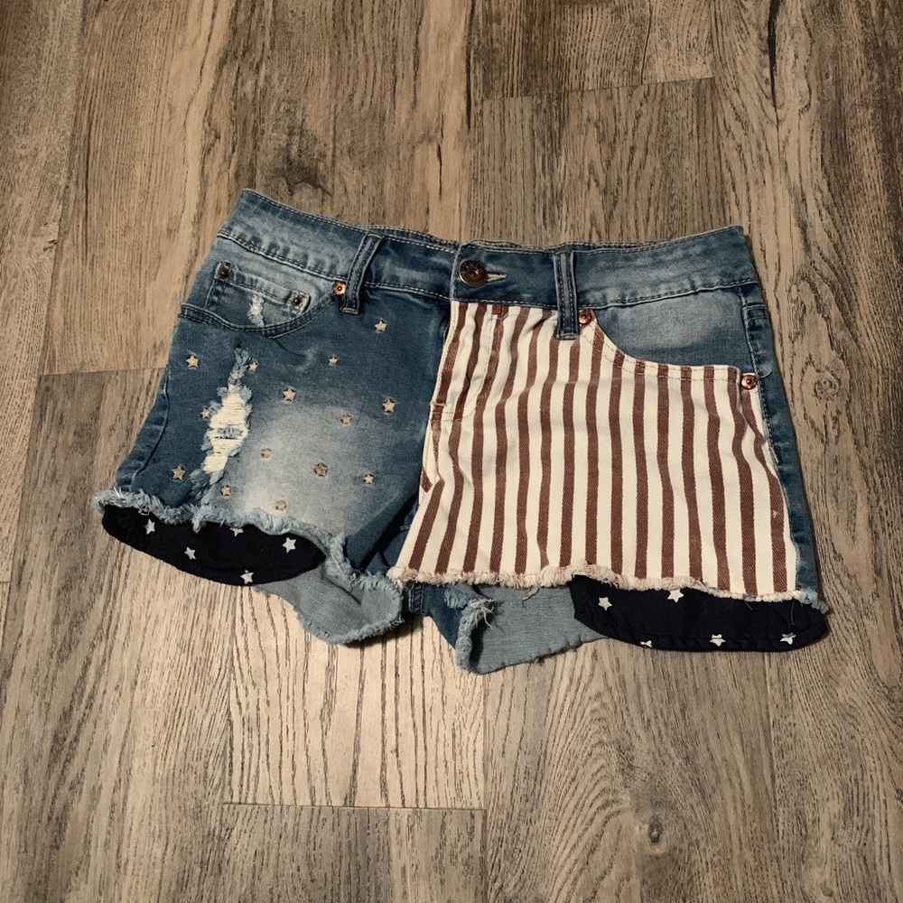 Denim shorts.